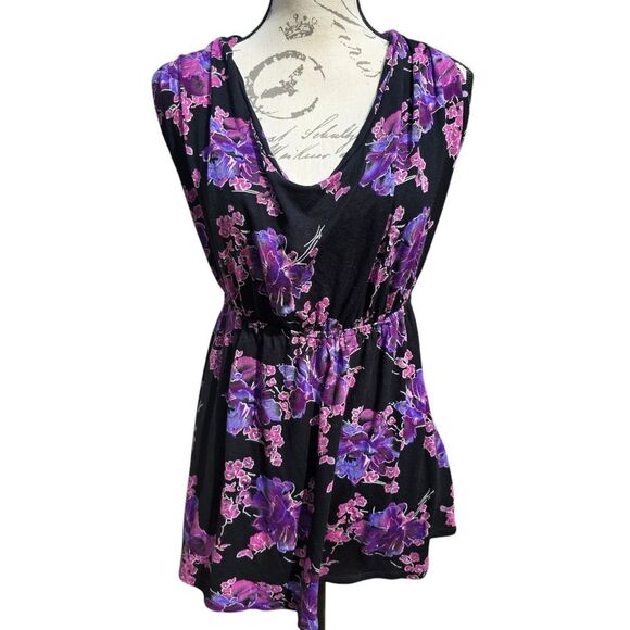 Free People -633 Sleeveless Floral Tunic Top Black Purple Small - Picture 1 of 9